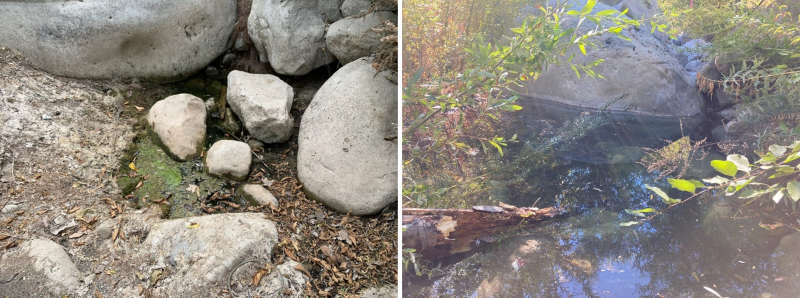 Two side-by-side photos. On the left is an almost dry creek bed. On the right the bed has filled with water.
